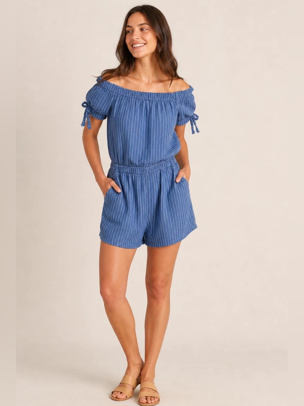 Zara Romper Off the Shoulder Tencel Blue with White Stripes Short Sleeves Small